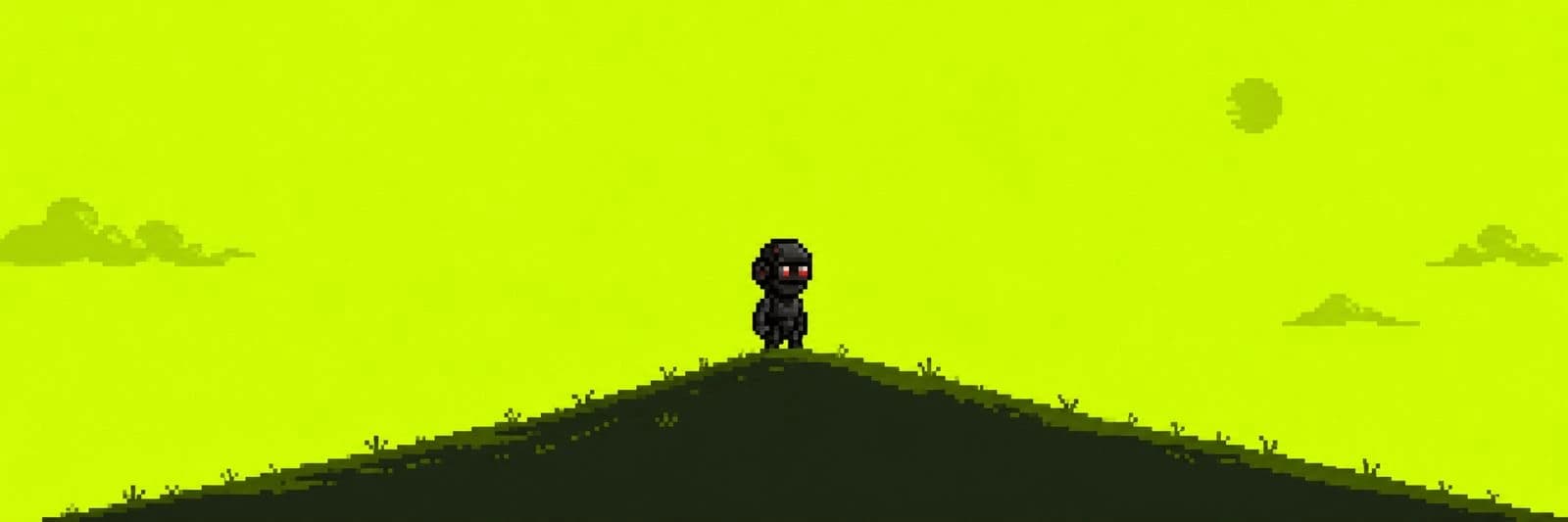 Robin Droids on a lime hill under an open sky, two red optics distant on the horizon